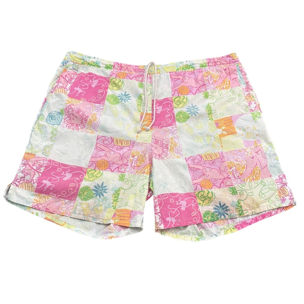 Lilly Pulitzer Mens Swim Trunks L Patchwork Tropical Print Cotton Shorts Resort